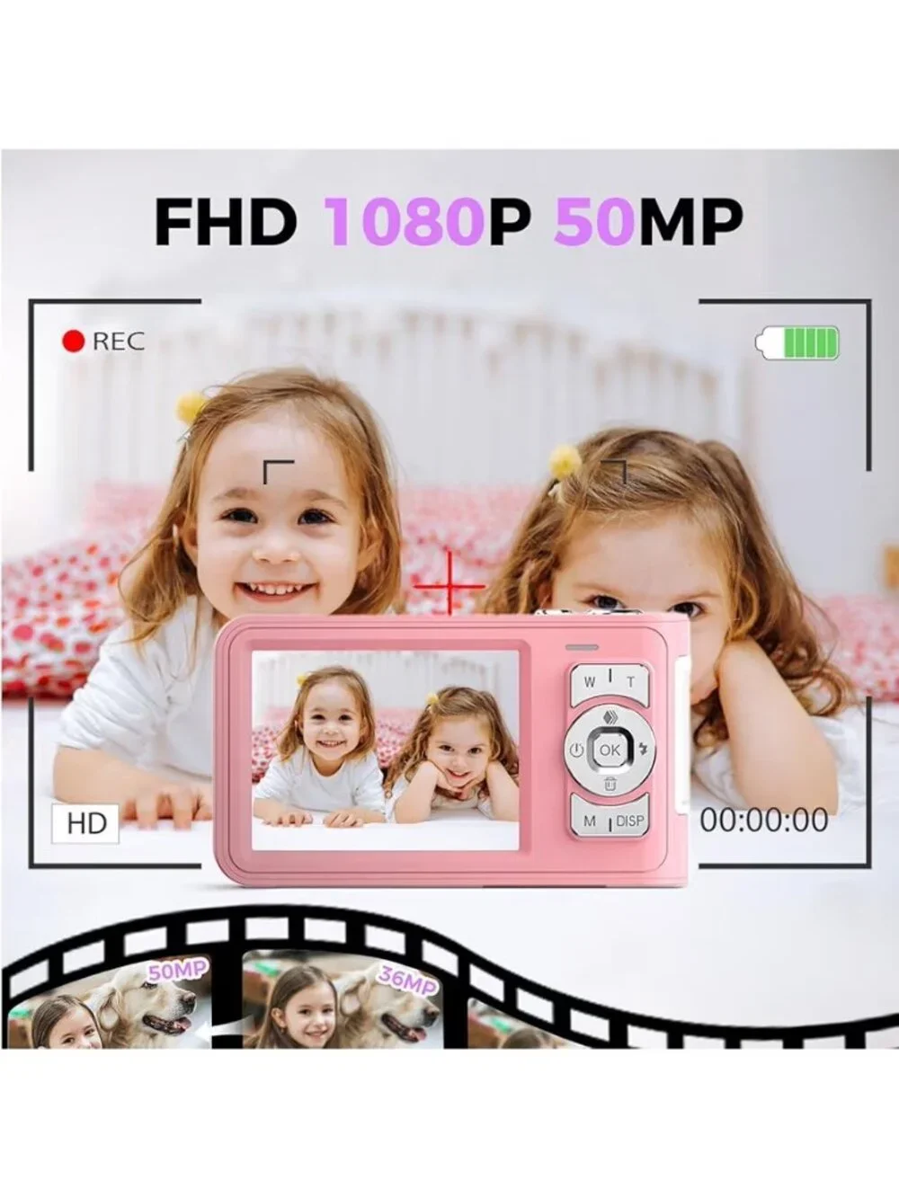 Digital Camera, 4K Vlogging Kids Camera with 44MP & 16X Zoom Anti-Shake, Pink